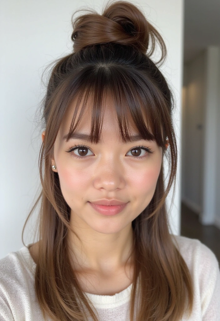 21 Chic Half Up Half Down Hairstyles Perfect for Any Occasion (Wait Until You See #12!) - 2. Sleek Top Knot