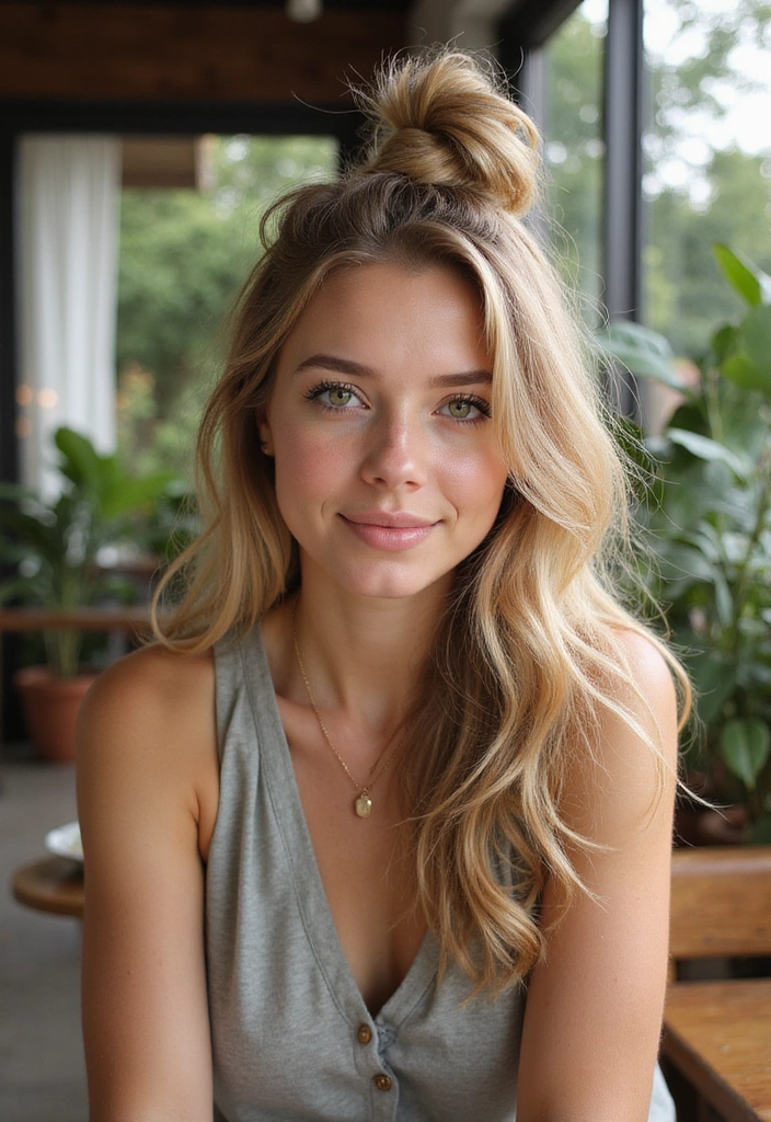 18 Cute and Simple Casual Hairstyles That Will Transform Your Look Instantly! - 2. Playful Half-Up Top Knot